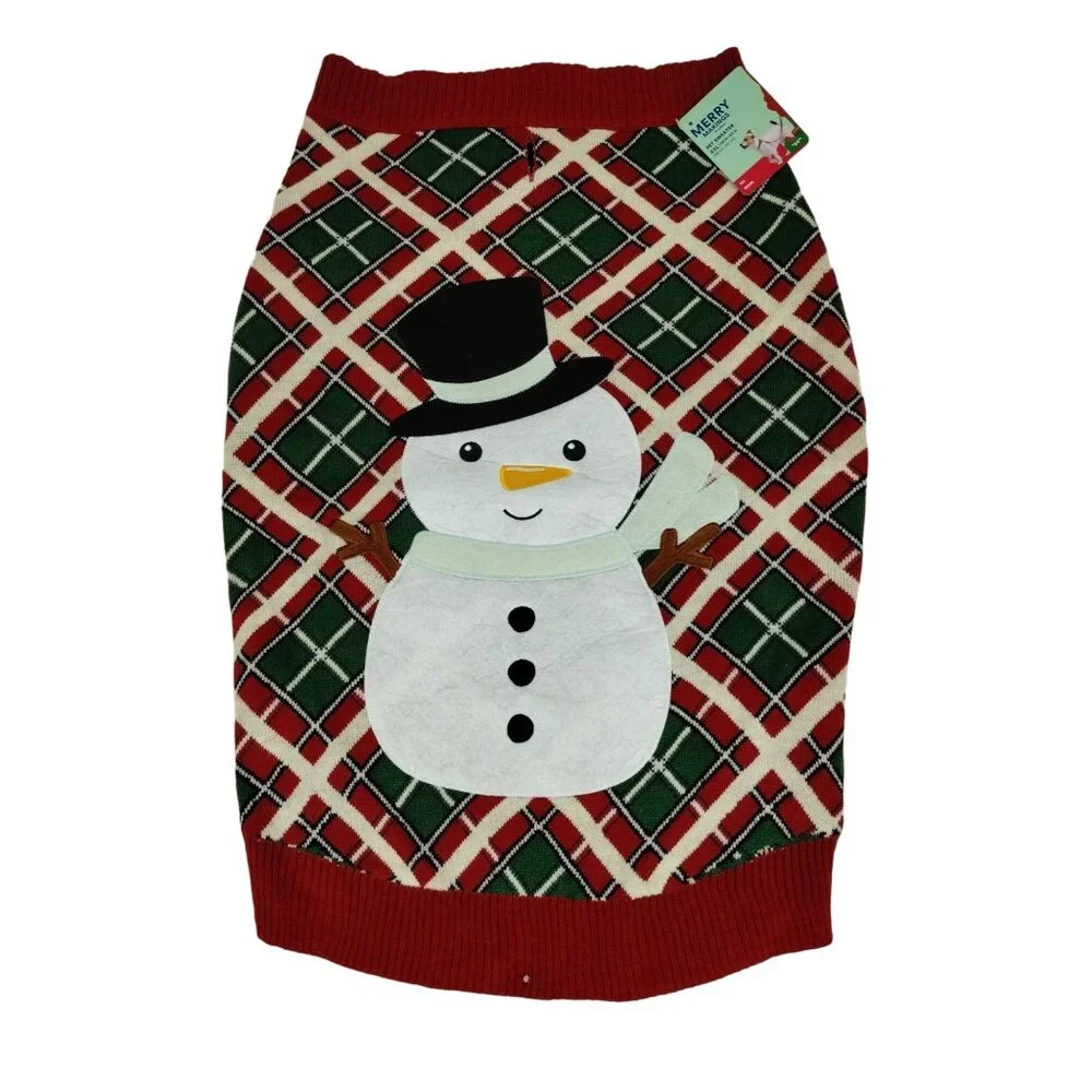 Merrry Makings Dog XXL Holiday Snowman Pet Sweater Red and Green Tartan Plaid